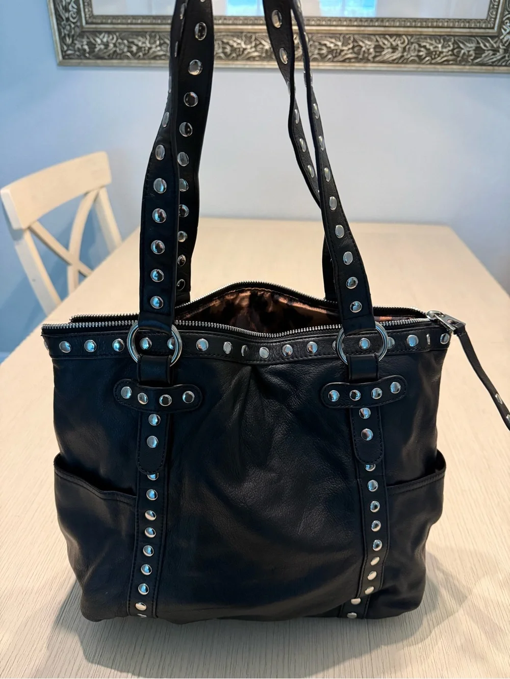 b. makowsky Black Studded Leather Shoulder Tote